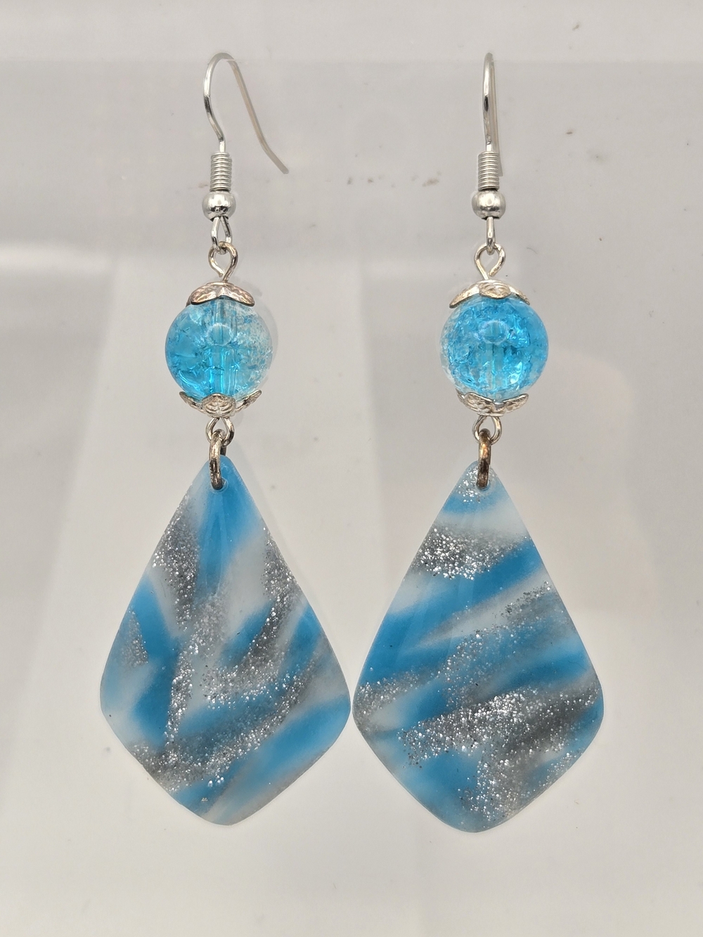 Blue Crackle Bead Drop Earrings with Silver Accents